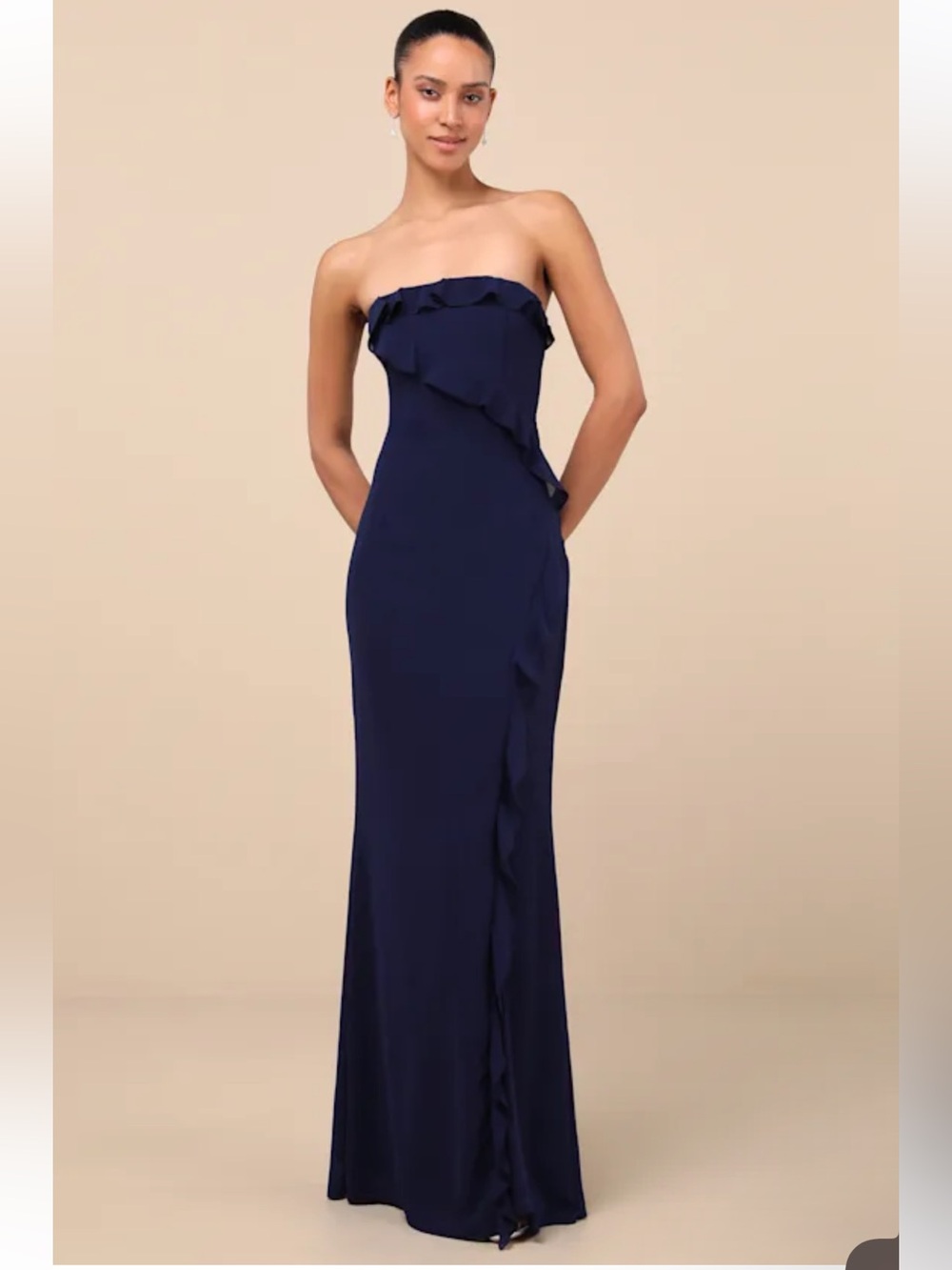 NWT Lulus Excellent Sensation Navy Strapless Ruffled Maxi Dress FLAWED ZIPPER